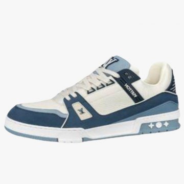 Best Batch LV Louis Vuitton 2023-24FW Monogram Plain Leather Logo Sneakers White and blue